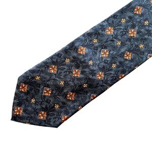 Villa Bolgheri Mens 100% Silk Tie Made in Italy Floral Geo Patterned Dark Navy